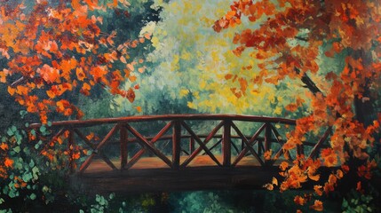 Autumn Bridge Surrounded by Colorful Foliage in a Tranquil Landscape Painting