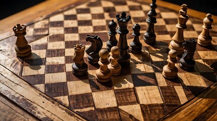 Intricately Carved Chess Pieces on a Wooden Chessboard