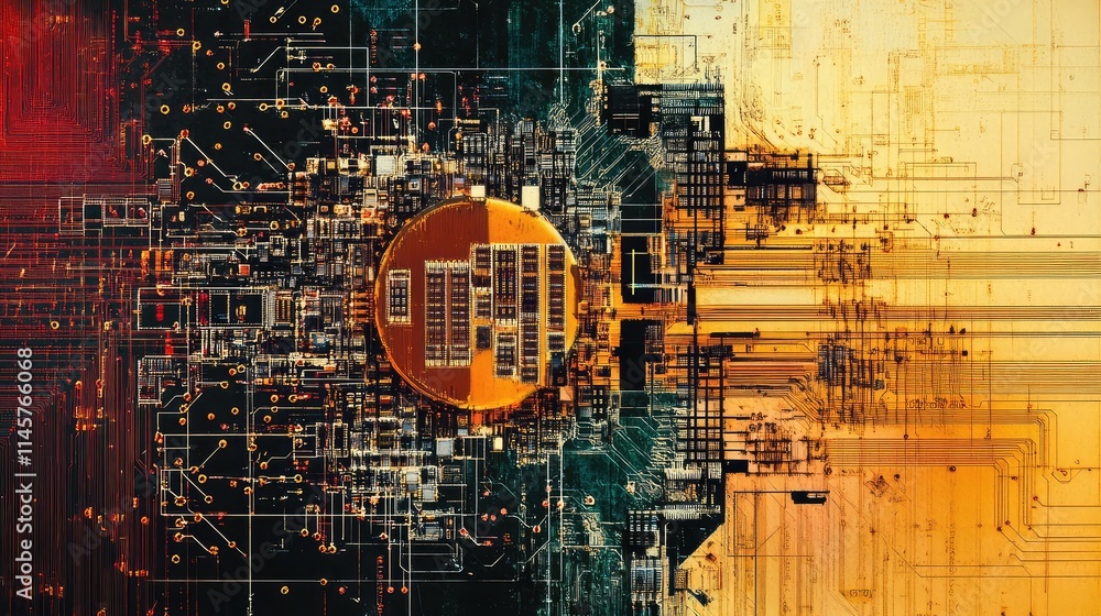 Poster a magnified image of a digital microchip under a microscope, revealing tiny transistors and intercon