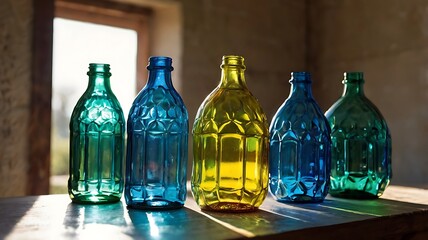 Glass Bottles Reflecting Sunlight on a Windowsill