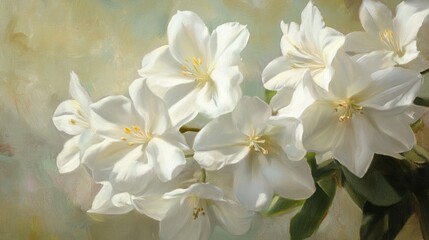 Obraz premium Delicate white flowers gracefully arranged against a soft pastel background evoking tranquility and elegance in nature's beauty.