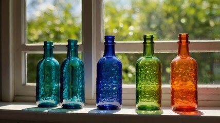 Glass Bottles Reflecting Sunlight on a Windowsill