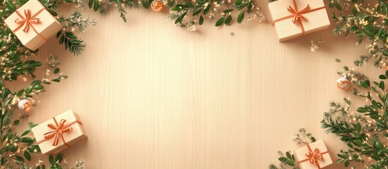 Christmas themed backdrop featuring decorative gift boxes and tree branches on a rustic wooden surface with ample copy space for text.