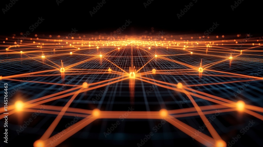 Poster a futuristic digital network with glowing orange nodes and interconnections on a dark grid represent