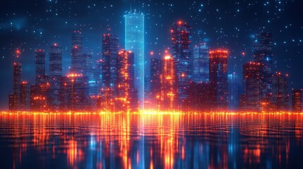 Obraz premium Futuristic city skyline at night with reflections.
