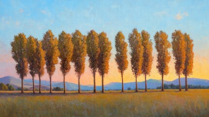 Fototapeta premium Golden Sunset Illuminating a Row of Autumn Trees Against a Serene Landscape