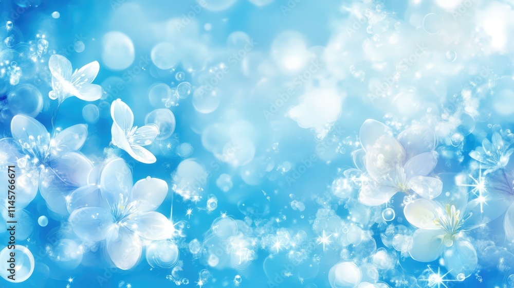 Poster blue floral background with delicate butterflies and soft bokeh lights creating a serene and calming