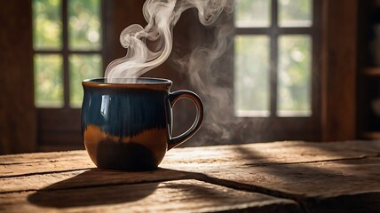 Steaming Ceramic Mug on a Wooden Table with Cozy Backdrop