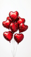 Heart shaped balloons for Valentines Day on white background,couple wedding,romantic season,gift for love,metallic red heart balloons,air helium balloons,space for text.