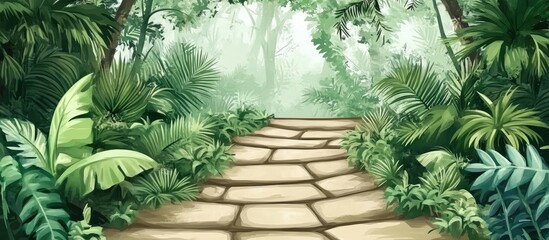 Obraz premium Lush forest pathway with stone steps leading through vibrant tropical foliage and misty ambiance in a serene rainforest setting