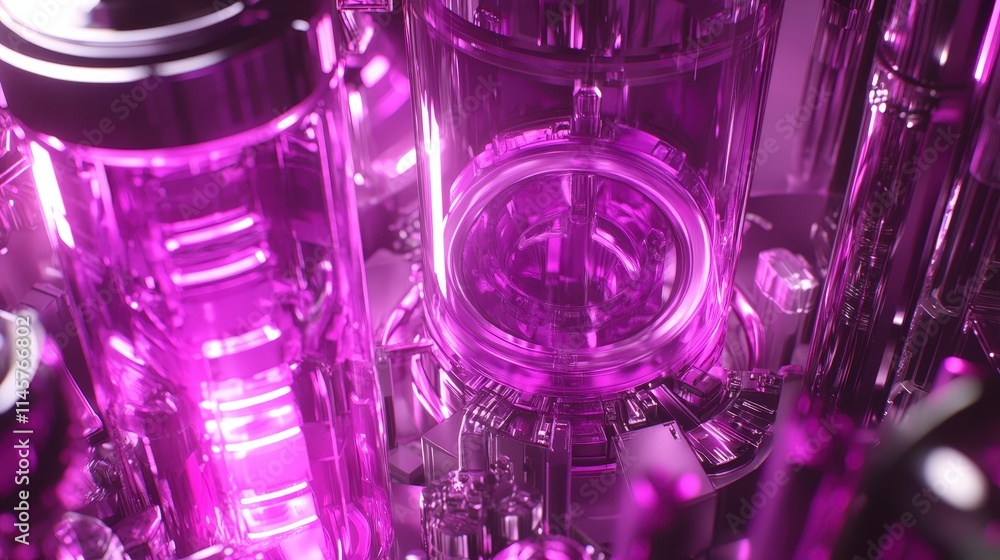Poster close-up view of a futuristic purple energy core within a complex technological structure. the scene