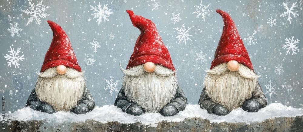 Poster three festive gnomes in red hats surrounded by snowflakes creating a whimsical winter scene with a c