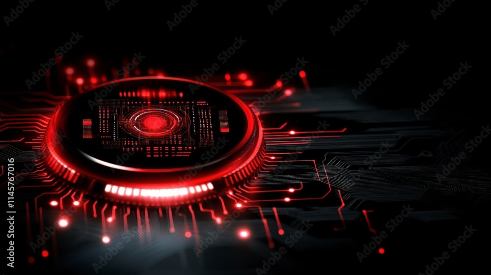 Poster a futuristic red and black circuit board with glowing lights and intricate details signifying advanc