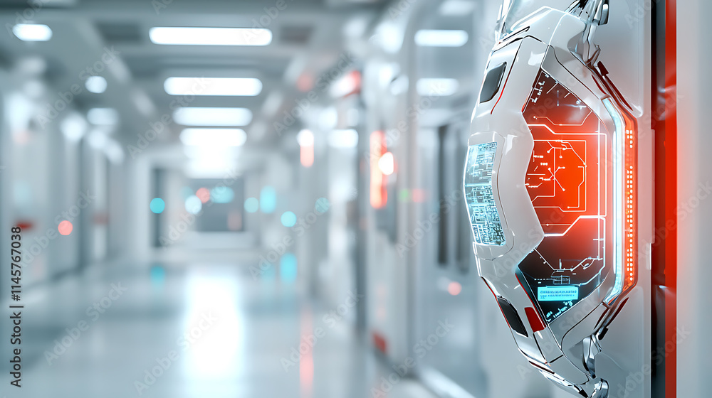 Poster futuristic robot encounter in a high-tech corridor sci-fi setting close-up view innovation concept