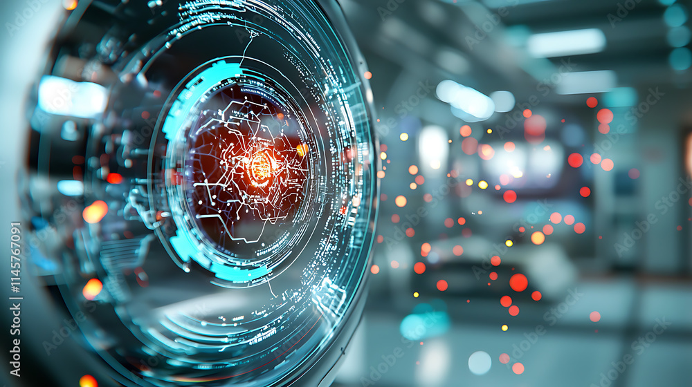 Poster exploring advanced technology innovations futuristic lab digital artwork sci-fi environment close-up
