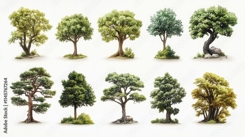 Poster variety of isolated tree illustrations in distinct shapes ideal for design projects and natural them