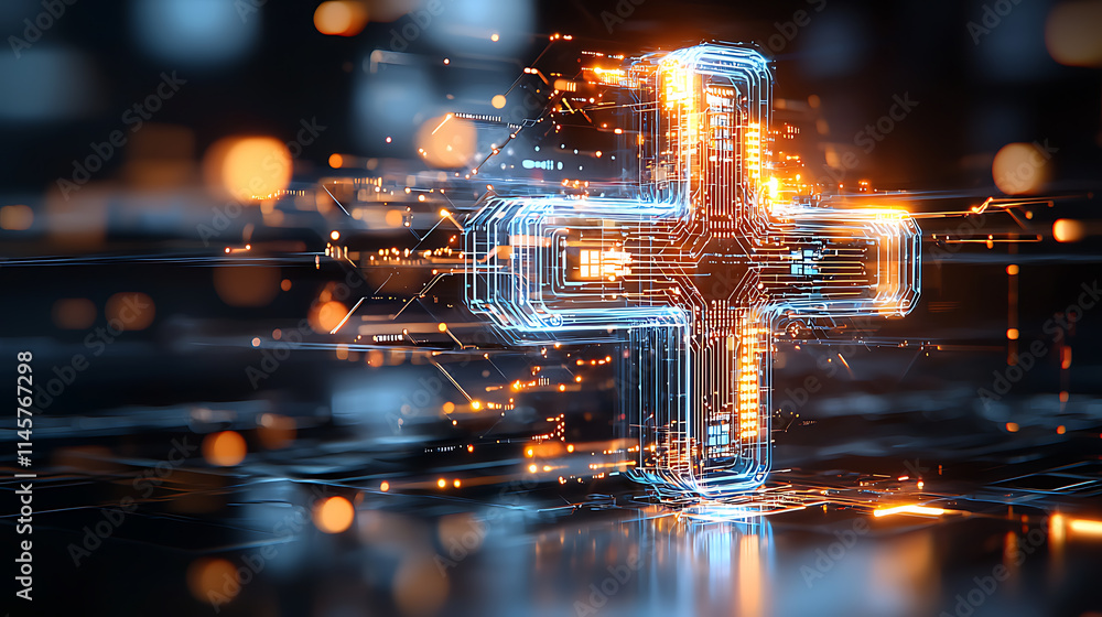 Poster digital cross symbolizing healthcare innovation virtual setting 3d art technology close-up futuristi
