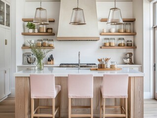 Modern Kitchen Island with Light Pink Stools and Wooden Shelving