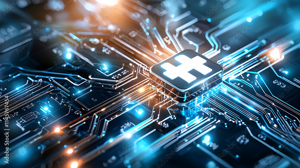 Poster technological advancement digital circuit abstract visual cyber environment close-up view innovation