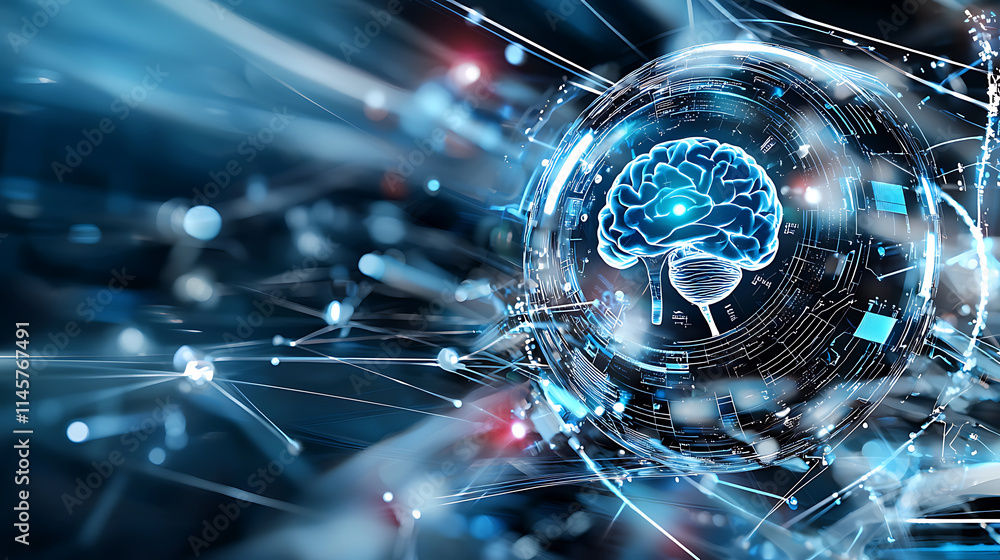 Poster exploring futuristic intelligence digital realm abstract visuals high-tech environment close-up pers
