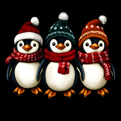 Fototapeta premium Festive penguins wearing scarves winter wonderland digital art cozy atmosphere close-up playful concept