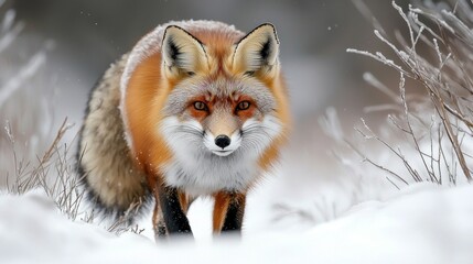 Obraz premium Majestic Red Fox in Winter Landscape Walking Through Snowy Terrain Surrounded by Frosty Grass and a Soft Glowing Winter Atmosphere