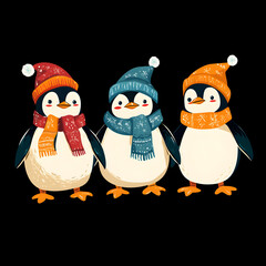 Fototapeta premium Winter fun penguins wearing colorful hats arctic region illustration playful environment close-up cute animals