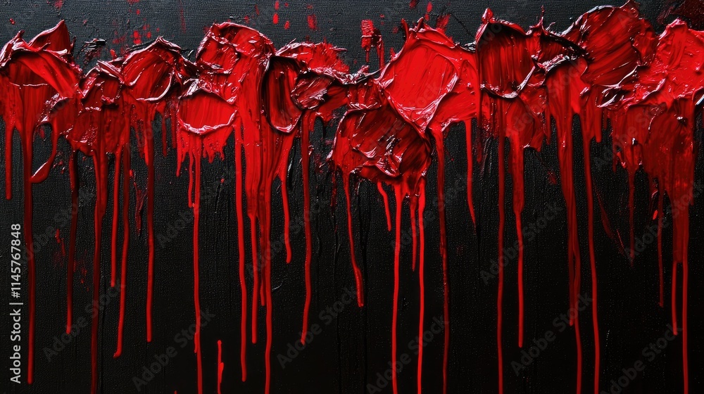 Poster red paint drips and splatters on a dark black canvas creating an abstract art background with textur