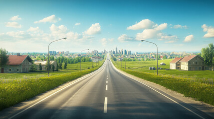 Naklejka premium Highway, empty road to city with skyscraper buildings and modern houses. Two-lane asphalted way perspective view with street lamps and green field by sides, urban cityscape Cartoon vector illustration