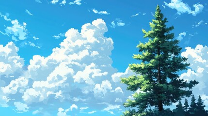 Pine tree against a backdrop of fluffy white clouds and a bright blue sky creating a serene and peaceful nature scene