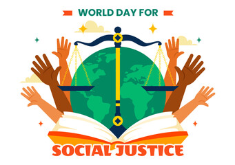 World Day of Social Justice Vector Illustration Featuring Scales and a Gavel Representing Justice, Equality, and Protection Against Injustice