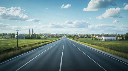 Naklejka premium Highway, empty road to city with skyscraper buildings and modern houses. Two-lane asphalted way perspective view with street lamps and green field by sides, urban cityscape Cartoon vector illustration