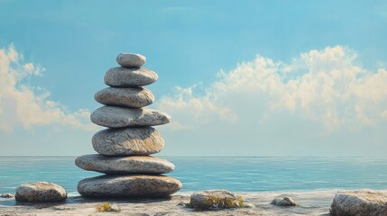 Fototapeta premium Serene Stacked Rocks on Tranquil Shoreline with Calm Water and Blue Sky Above