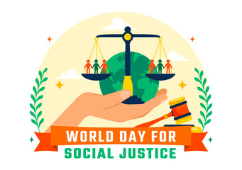 World Day of Social Justice Vector Illustration Featuring Scales and a Gavel Representing Justice, Equality, and Protection Against Injustice