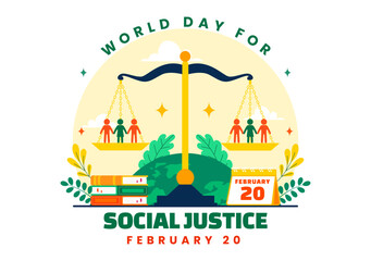 World Day of Social Justice Vector Illustration Featuring Scales and a Gavel Representing Justice, Equality, and Protection Against Injustice