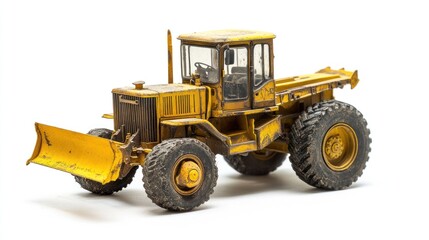 Weathered yellow toy bulldozer isolated on white background.