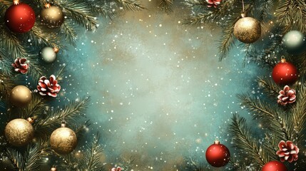 Vintage Christmas greeting card template with baubles and fir branches on a textured snowy background perfect for holiday wishes.