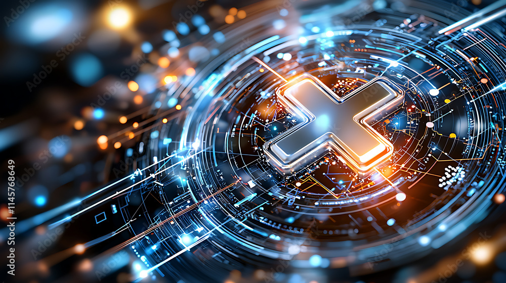 Poster futuristic digital cross interface design virtual space graphic visualization cybernetic environment