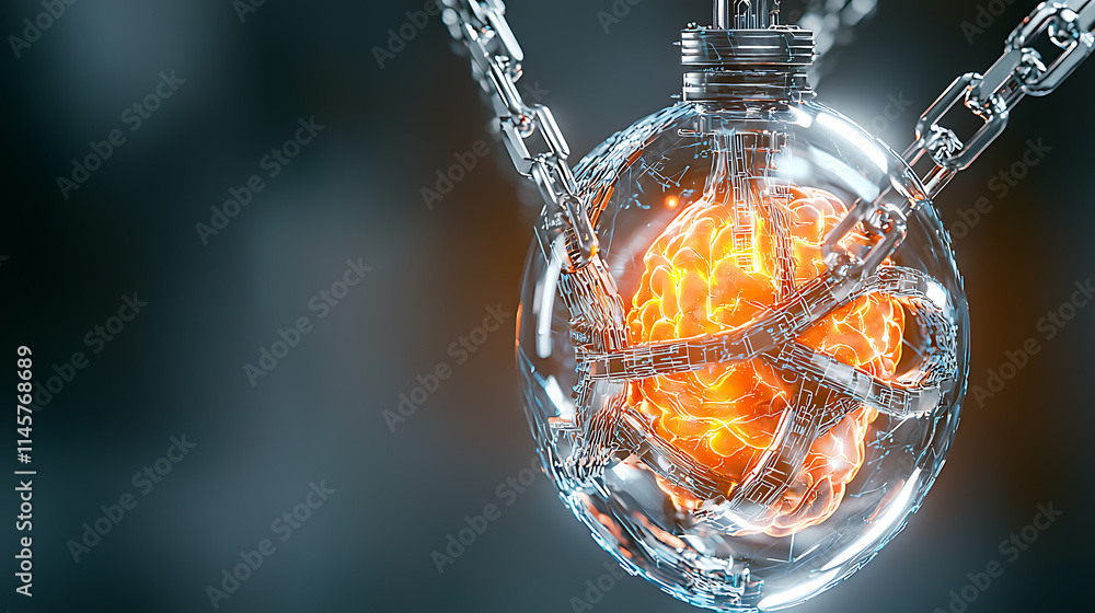 Poster captivating visual of a brain encased in chains digital art showcase futuristic concept surreal envi