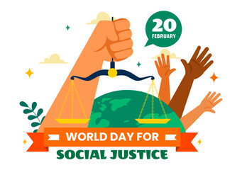 World Day of Social Justice Vector Illustration Featuring Scales and a Gavel Representing Justice, Equality, and Protection Against Injustice