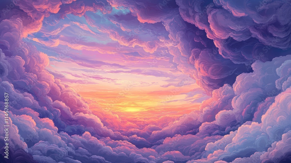 Poster vibrant sunset sky with soft, billowing clouds creating a serene and tranquil scene ideal for nature