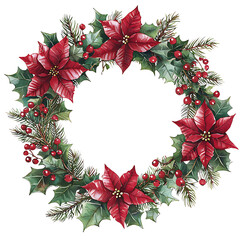 Fototapeta premium Christmas wreath with poinsettia, holly, fir branches, berries.
