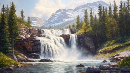Serene Waterfall Cascading Down Rocky Mountains Surrounded by Lush Green Forest and Majestic Snow-Capped Peaks
