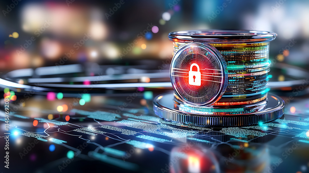 Poster data security measures in modern technology digital space infographic design futuristic environment 