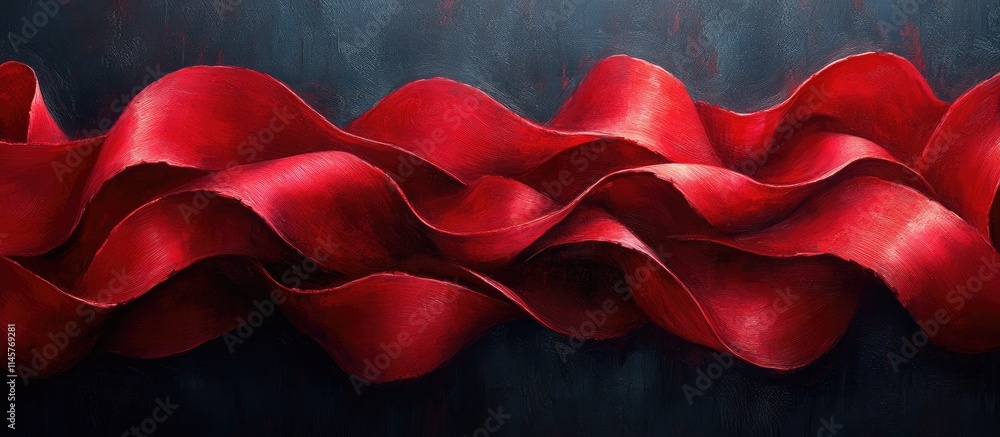 Poster red ribbon waves on a dark background creating a dynamic textured composition representing elegance 