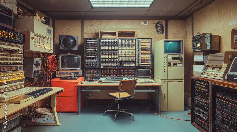 Poster data center room with server hardware, chair and desk with computer monitors. vector cartoon interio