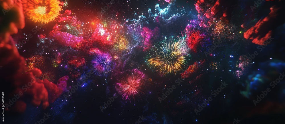Poster vibrant multicolored fireworks lighting up the night sky creating a dazzling display of colors and p