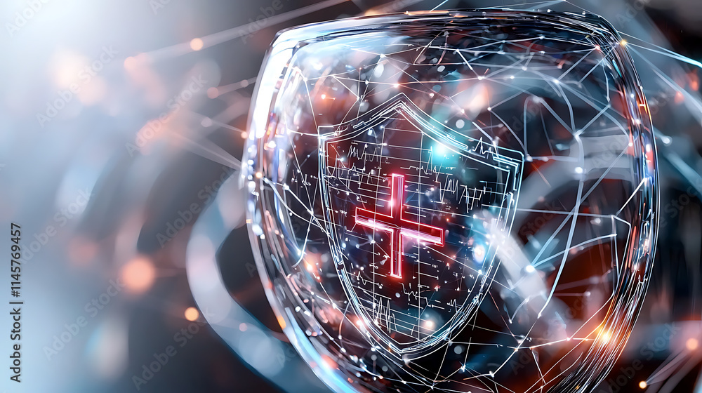 Poster cybersecurity shield protection virtual environment graphic design digital security high-tech viewpo