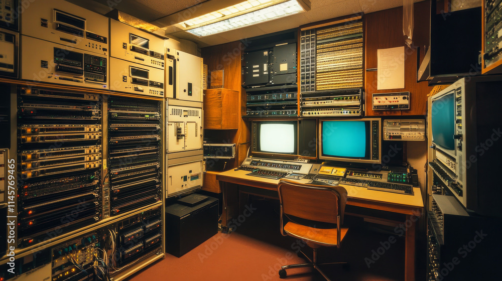 Poster data center room with server hardware, chair and desk with computer monitors. vector cartoon interio