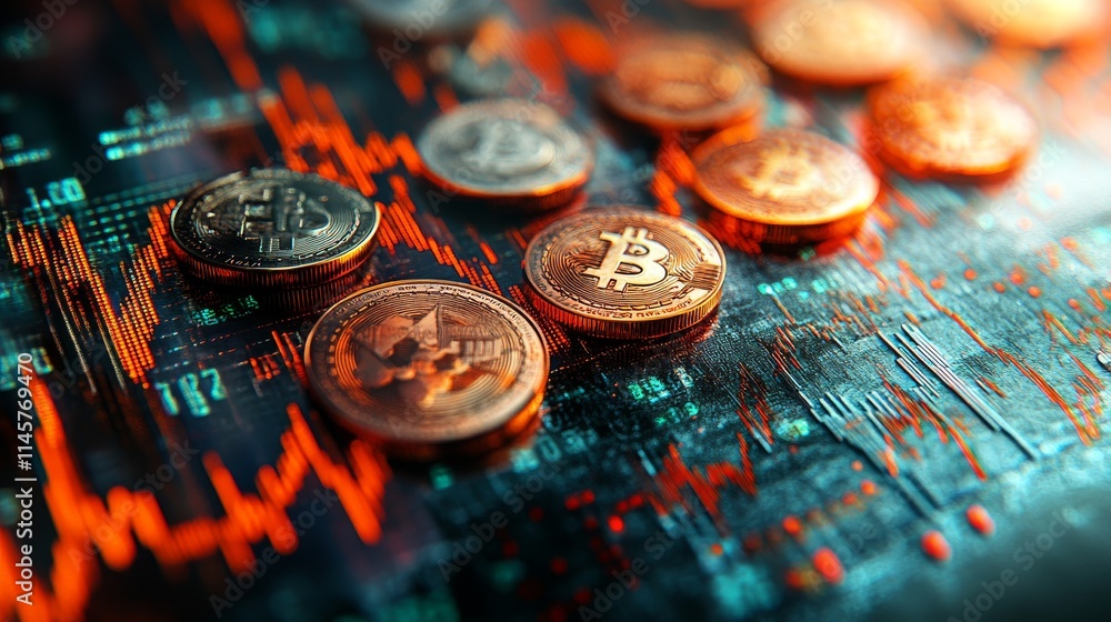 Aufkleber a side-by-side comparison of different coins with a fluctuating stock market graph in the background